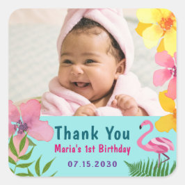 Photo Flamingo 1st Birthday Thank You Quadratischer Aufkleber