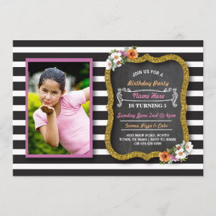 Photo Floral Stripe Flowers Invitation d'anniversa