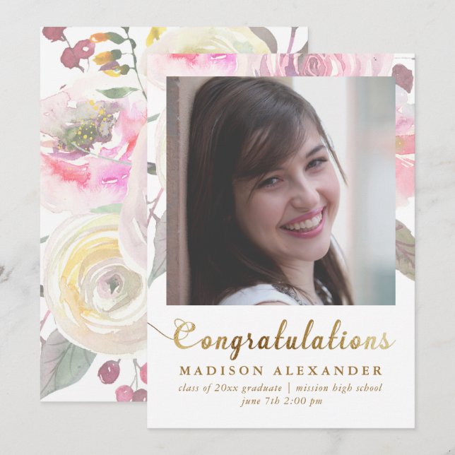 Photo Floral Watercolor Graduation Faire-part (Devant / Derrière)