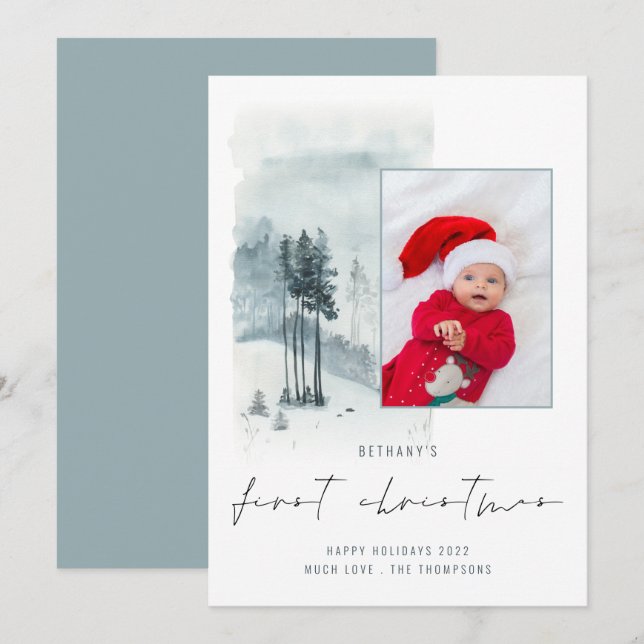 Photo Forêt de Neige Bébé 1er Noël Carte de vacanc (Devant / Derrière)