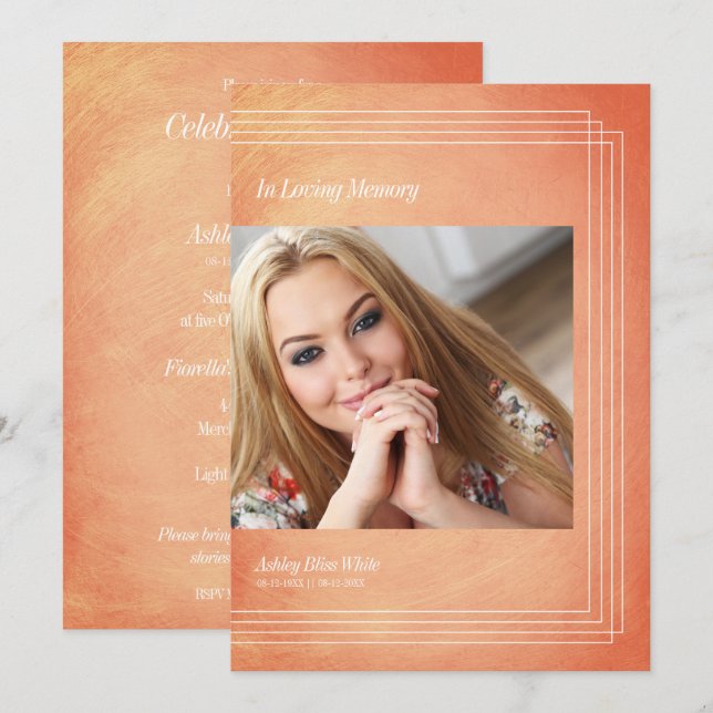 Photo Funéraire Invitation Orange Faux Metallic (Devant / Derrière)
