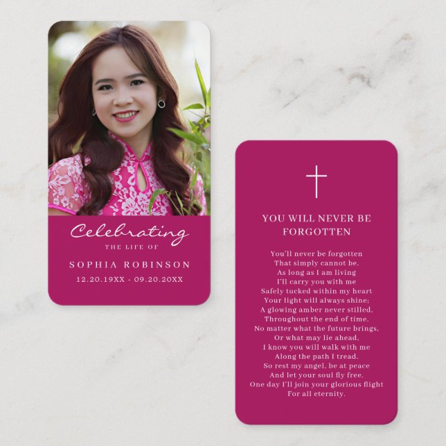 Photo Funeral Memorial Pink Prayer Card Visitenkarte (Vorne/Hinten)