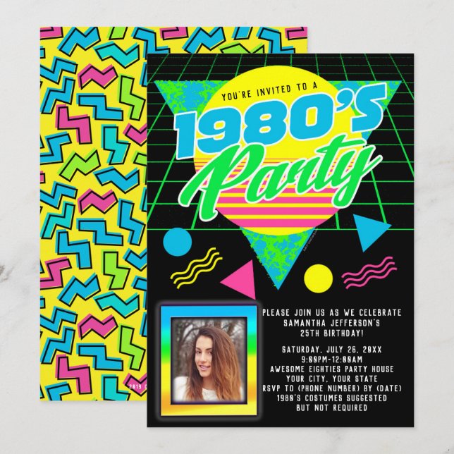 Photo Geometric 1980s Retro 80s Birthday Party Einladung (Vorne/Hinten)