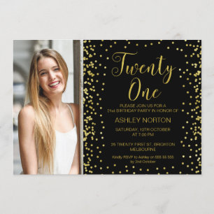 Photo Gold Black 21st Birthday Invitation