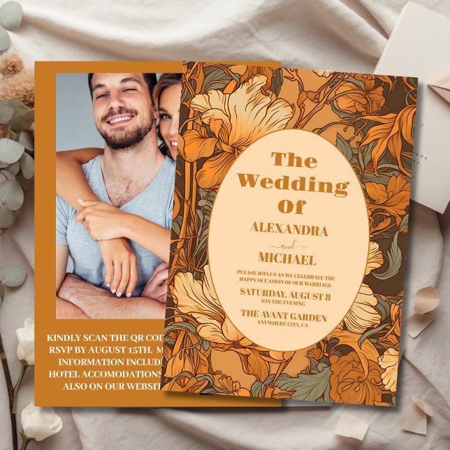 Photo Gold Floral Art Nouveau Wedding Einladung (Von Creator hochgeladen)