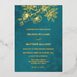 PHOTO  Gold Teal Floral Wedding Folieneinladung<br><div class="desc">This elegant wedding invitation features gold line art floral cherry blossoms on a shimmering teal / turquoise  background.</div>