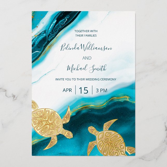 PHOTO Gold Turtles Teal Ink Wedding   Folieneinladung (Vorderseite)