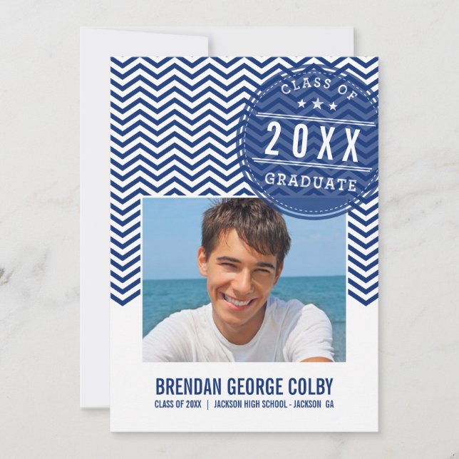 PHOTO GRAD INVITATION bold chevron royal marine bl (Devant)