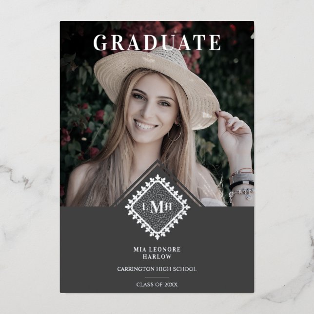 Photo Graduation Chic Initial Lace Effect Romantic Folieneinladung (Vorderseite)