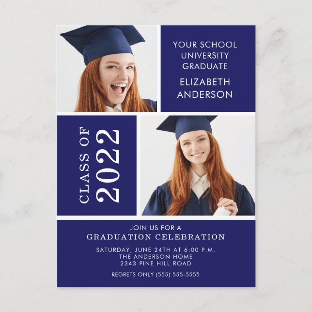 Photo Graduation Invitation ~Classy Blue & White Postkarte (Vorderseite)