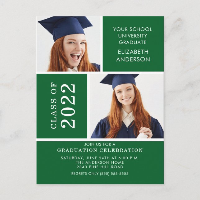 Photo Graduation Invitation ~Classy Green & White Postkarte (Vorderseite)