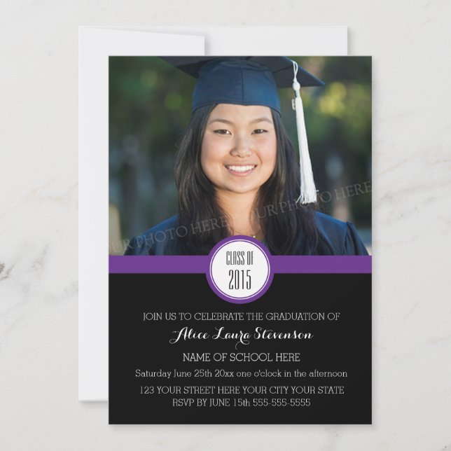 Photo Graduation Party Invitation Black Purple (Devant)