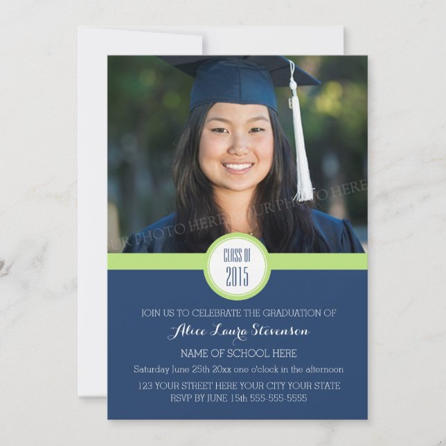Photo Graduation Party Invitation Blue Lime Green (Devant)