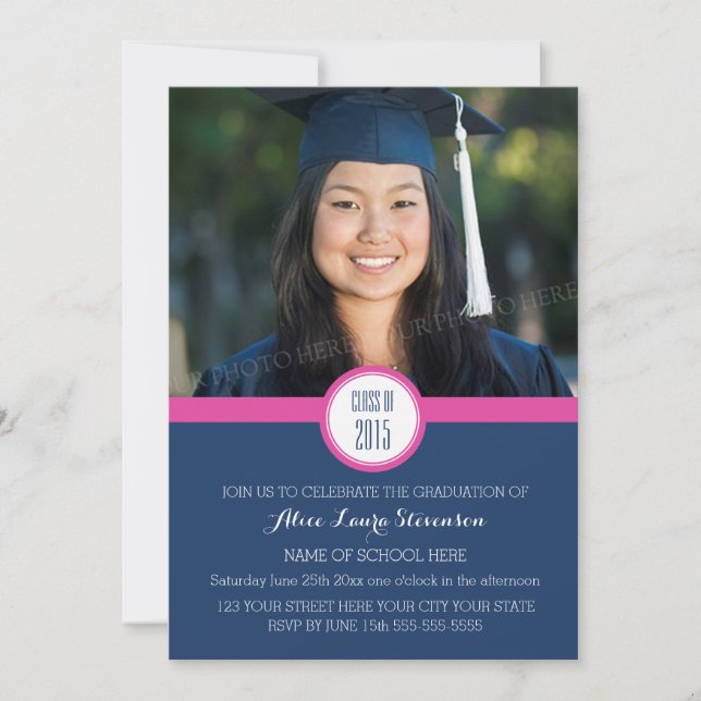 Photo Graduation Party Invitation Blue Pink (Devant)