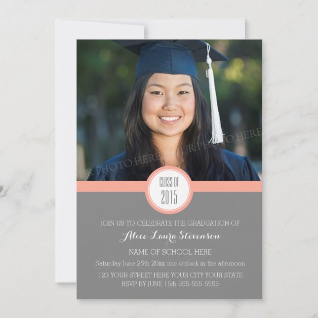 Photo Graduation Party Invitation Corail gris (Devant)