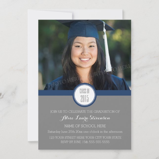 Photo Graduation Party Invitation Grey Marine Blue (Devant)