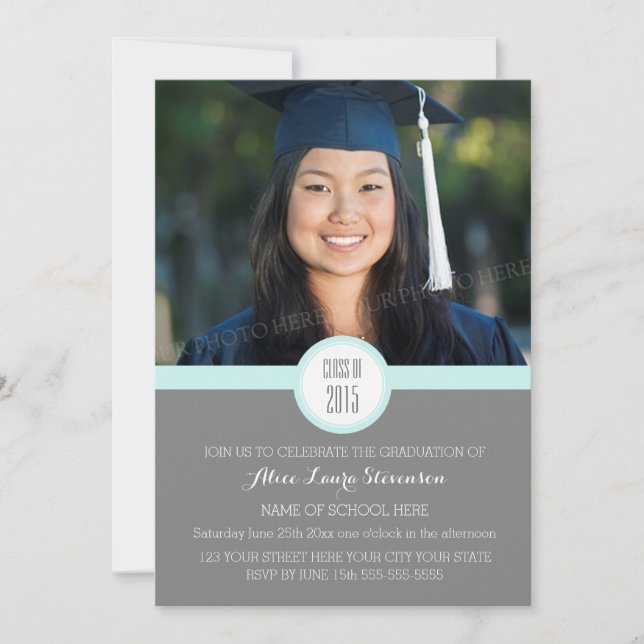 Photo Graduation Party Invitation Grey Sky Blue (Devant)
