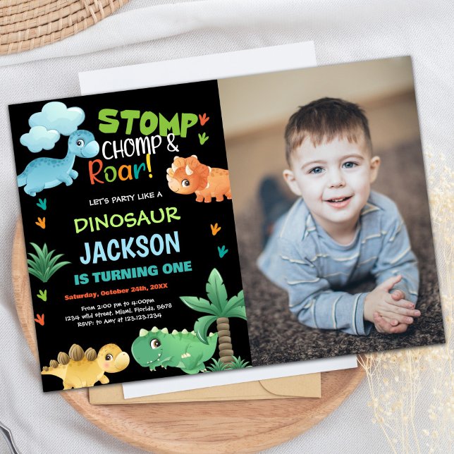 Photo Green Black Dinosaur Invitations d'anniversa (Photo Green Black Dinosaur Birthday Invitations)