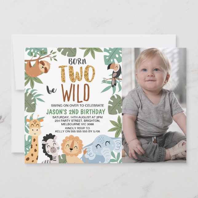 Photo Green Brown Born Two Be Wild 2nd Birthday Einladung (Vorderseite)