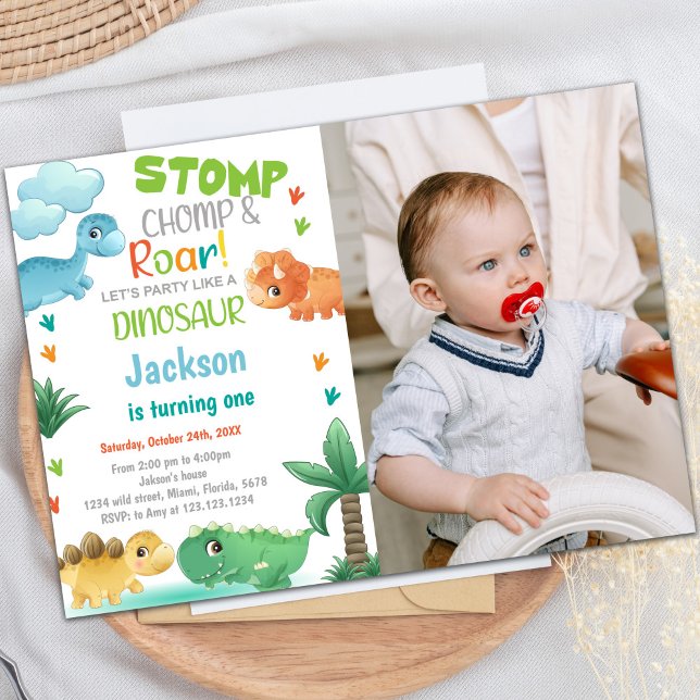 Photo Green Dinosaur Invitations d'anniversaire (Photo Green Dinosaur Birthday Invitations)