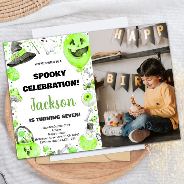 Photo Green Halloween Invitations d'anniversaire (Photo Green Halloween Birthday Invitations)