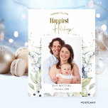 Photo, Happiest Holidays, Winter Greenery Holiday Postkarte<br><div class="desc">Personalize this beautiful holiday postcard with your own photograph and message! Design with "Happiest Holidays" in faux gold foil modern Script and block typography, and delicate blue and green watercolor winter greenery framing your image. Also available as flat card and folded card presentation. Part of our "Happiest Holidays Winter Greenery"...</div>