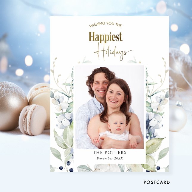 Photo, Happiest Holidays, Winter Greenery Holiday Postkarte (Von Creator hochgeladen)