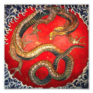 Photo Impression de dragon japonais d'or Hokusai