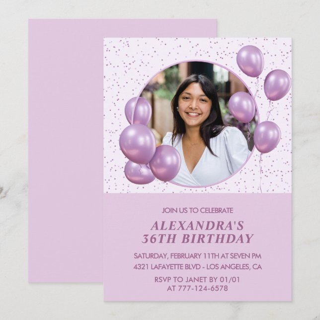 Photo invitations à 36e anniversaire Ballons viole (Devant / Derrière)
