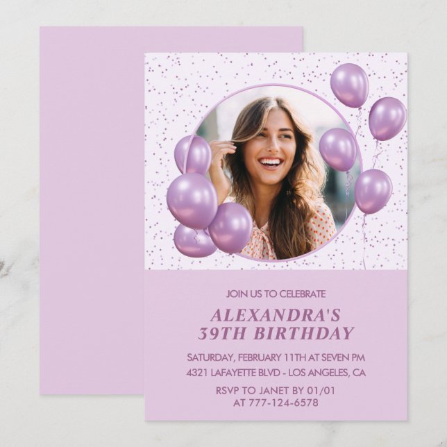 Photo invitations à 39e anniversaire Ballons viole (Devant / Derrière)