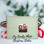 Photo Joy Black Red Green Gold Greenery Christmas Quadratischer Aufkleber<br><div class="desc">This beautiful and modern black,  red,  green,  white and gold Christmas sticker features your photo and the sentiment "joy" in hand lettered script calligraphy amidst gold and red berries and Christmas greenery and the year on a black background. Easy to customize with your own photos and year.</div>