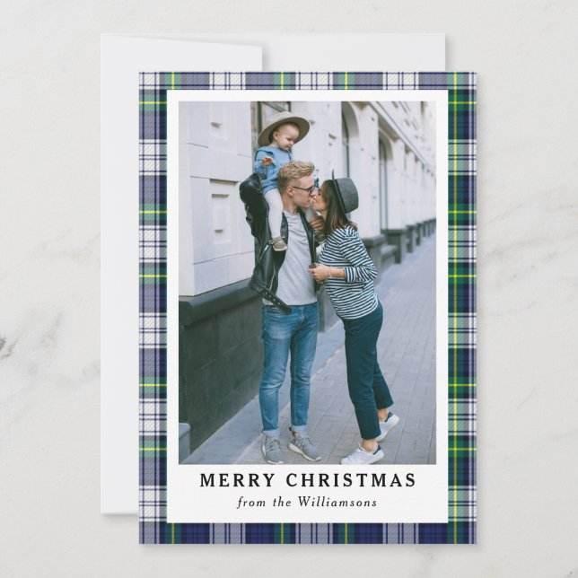 Photo Joyeuse carte de Noël bleu marine Tartan Pla (Devant)