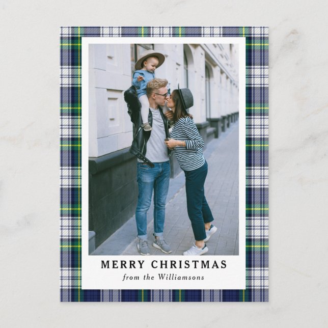 Photo Joyeuse carte de Noël bleu marine Tartan Pla (Devant)