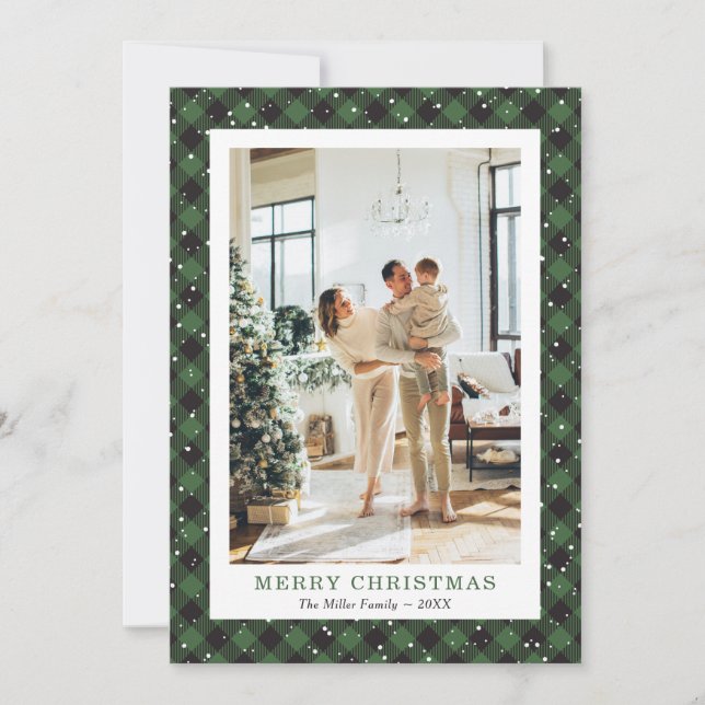 Photo Joyeuse Carte de Noël Snowy Green Plaid (Devant)