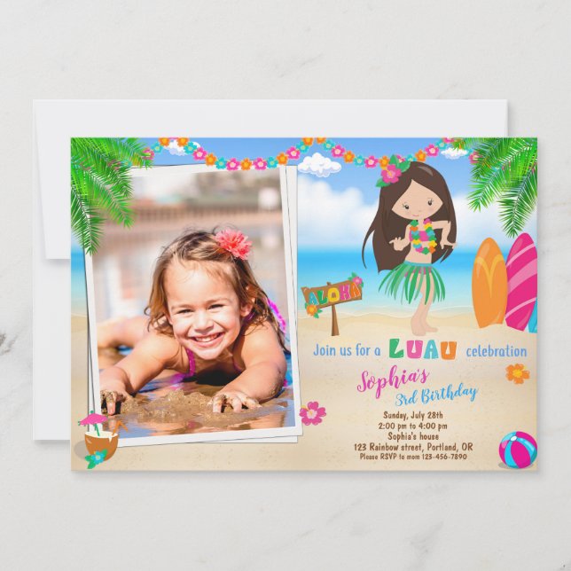Photo Luau invitation anniversaire fille de plage  (Devant)