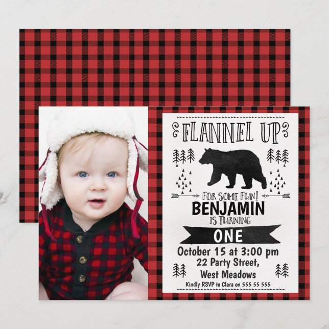 Photo Lumberjack 1er Anniversaire Invitation (Devant / Derrière)