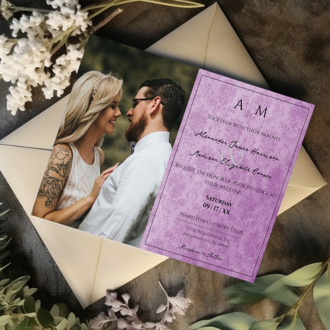 Photo Magenta Damask Monogramme Faire-part de mari (Magenta Photo Damask Monogram Wedding Invitation)