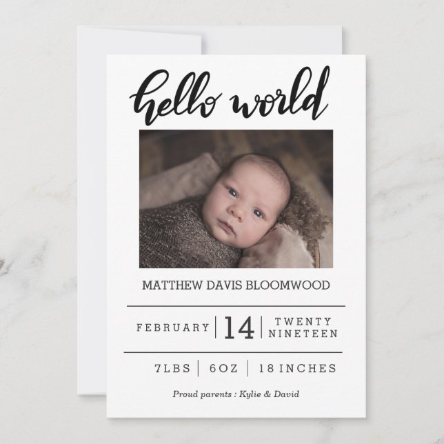 Photo manuscrite faire-part de naissance Hello Wor (Devant)
