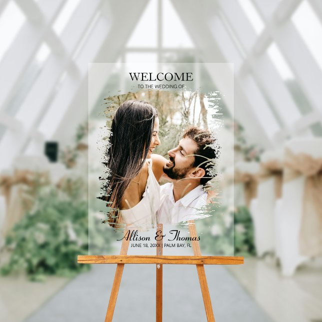 Photo Mariage moderne Splatz Welcome Blanc (Make a dazzling entrance and warmly greet guests with our captivating photo acrylic wedding sign!)