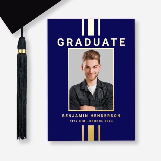 Photo Marine Blue Gold Graduation Faire-part (Custom Photo Navy Blue Gold Graduation Announcement Card.)