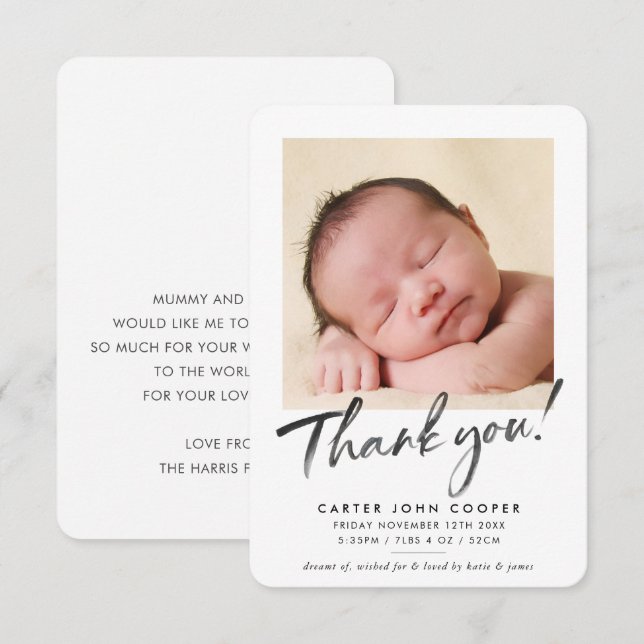 PHOTO MERCI calligraphie moderne nouveau bébé (Devant / Derrière)