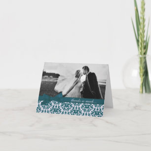 Photo merci mariage damassé carte turquoise profon