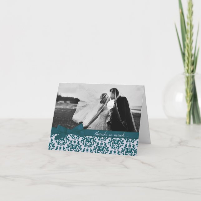 Photo merci mariage damassé carte turquoise profon (Devant)