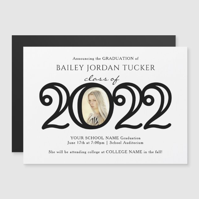 Photo moderne 2022 Black White Graduation Magnet (Devant / Derrière)