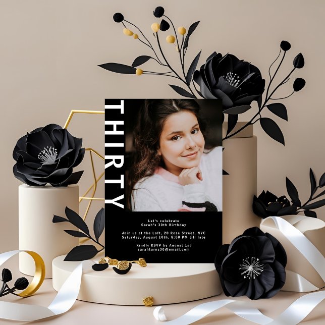 Photo moderne 30th Birthday Invitation - Bold Blac (Créateur téléchargé)