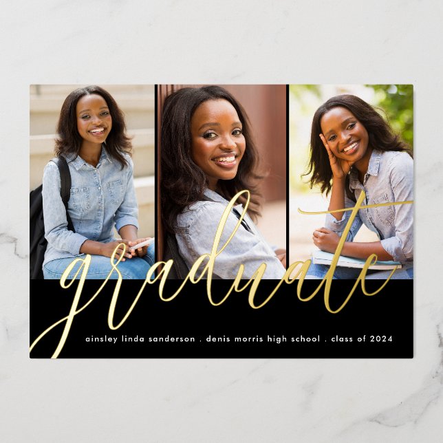Photo moderne Black Gold Foil Grad Faire-part (Recto)