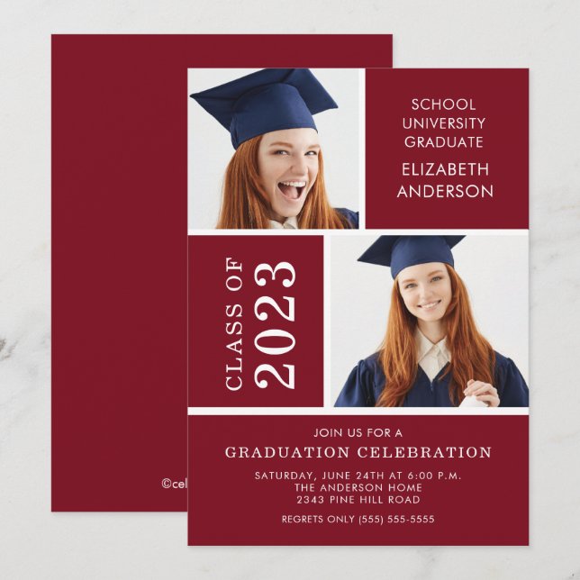 Photo moderne Maroon Graduation Invitation (Devant / Derrière)