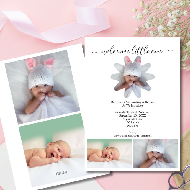 Photo multiple bébé garçon ou fille Faire-part de  (Multiple Photo Minimalist Modern Baby Birth Announcement Card. Three photos on front, two on back)