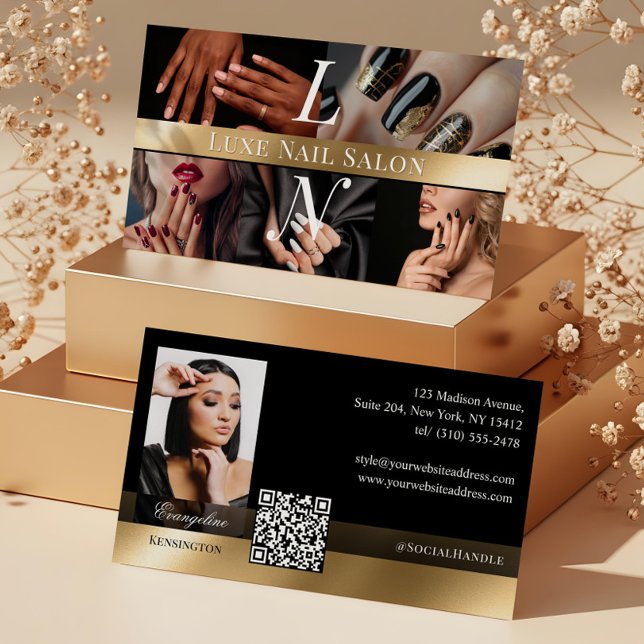 Photo Nail Art Technician Luxe Monogram Black Gold Visitenkarte (Photo Nail Art Technician Luxe Monogram Black Gold Business Card)