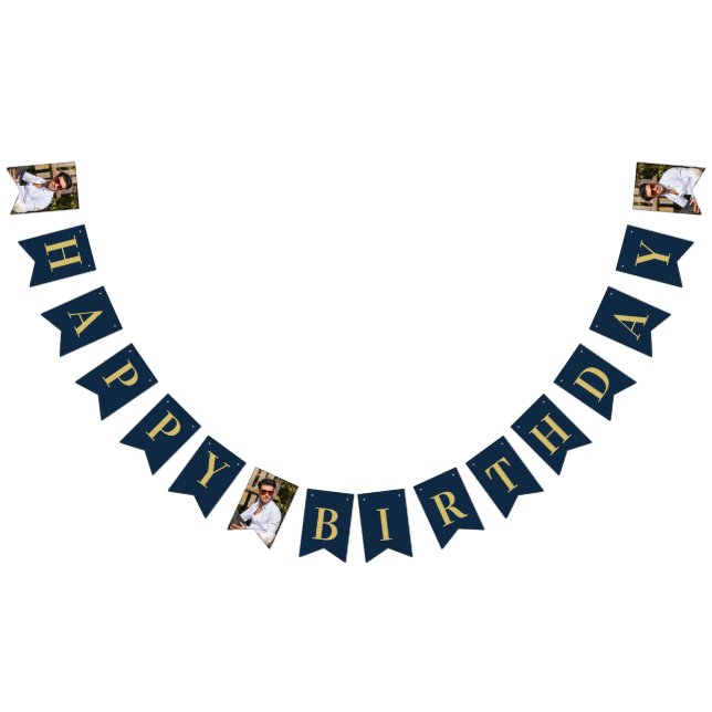 Photo Navy and Gold Art Deco Frame Happy Birthday Wimpelkette (Alle)